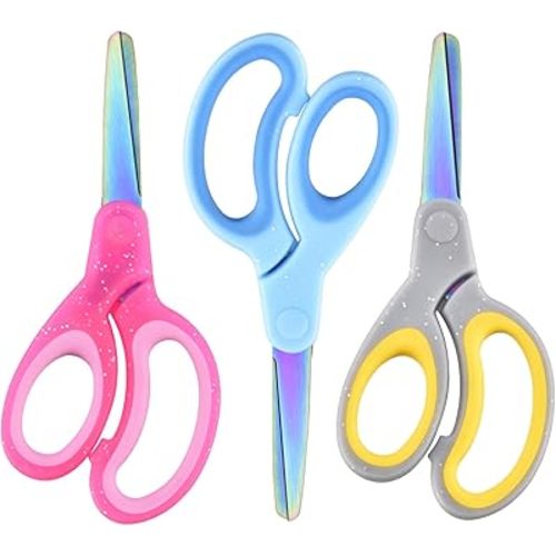 5" Kids Scissors Set(3 Pcs), Safety Rounded edge Blunt-Tip, Titanium Coating Blades, Comfort Grip for School Classroom Children and Toddler Cutting Craft Paper, Glitter Assorted Color