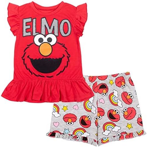 Sesame Street Ruffled T-Shirt and French Terry Shorts Outfit Set Infant to Little Kid Sizes (12 Months - 7-8)