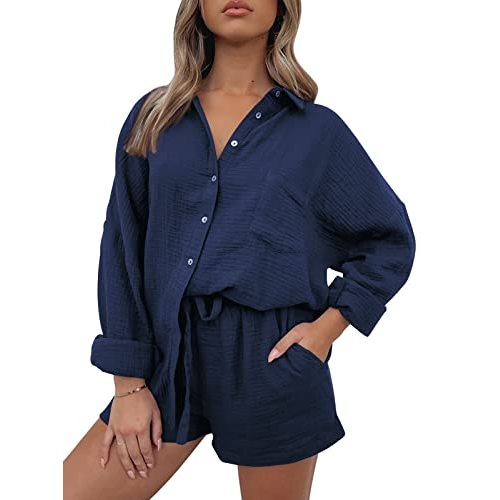 AUTOMET 2 Piece Sets For Women Lounge Wear Matching Two Piece Pajama Fashion Oversized Shirts And Shorts Spring Outfit 2026