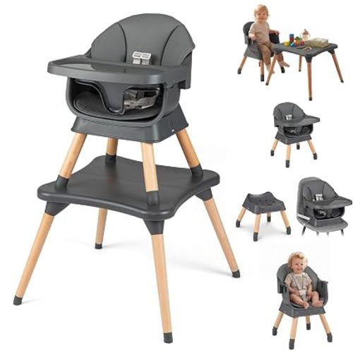 HONEY JOY 9-in-1 Baby High Chair, Convertible Wood Highchair for Babies and Toddlers/Dining Booster Seat/Table & Chair Set, Toddler Stool w/5-Point Safety Harness, Removable Cushion & Tray (Coffee)