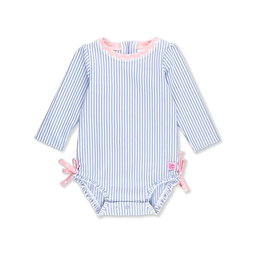 RuffleButts Baby-Girls Seersucker Long Sleeve Rash Guard - One Piece Swimsuit UPF 50+ Toddler