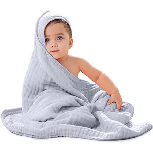 Comfy Cubs Hooded Baby Towel 1-Pack, Large 32 x 32 Inch - 6 Layer 100% Muslin Cotton for Babies, Toddlers and Kids - Soft & Absorbent Baby Bath Towels - Unisex Design for Bath Time - Slate