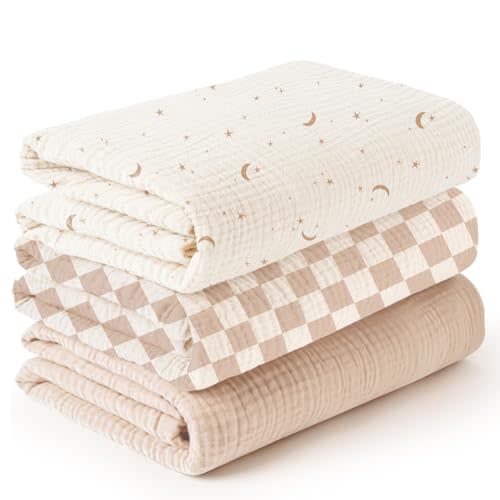Konssy 3 Pack Muslin Swaddle Blankets for Unisex, Newborn Receiving Blanket, Large 47 x 47 inches, Soft Breathable Muslin Baby Swaddles for Boys & Girls