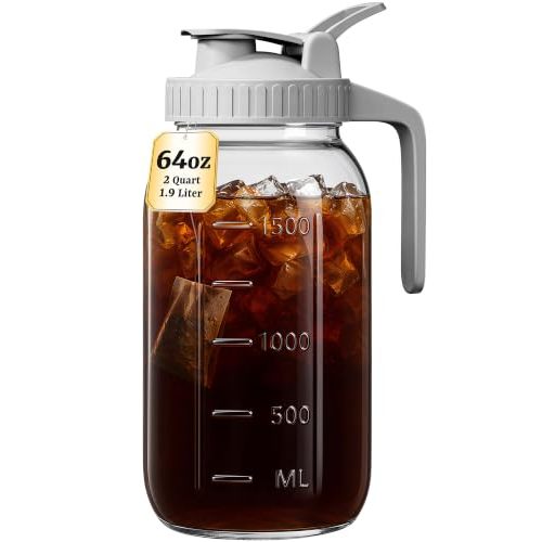 64 oz Mason Jar Pitcher, Glass Pitcher with Lid for Sun Tea & Iced Tea | Airtight, Leak Proof, Wide Mouth, Pour Spout Lid, Thick Glass, Fridge Safe, Ergonomic Handle, Easy to Clean