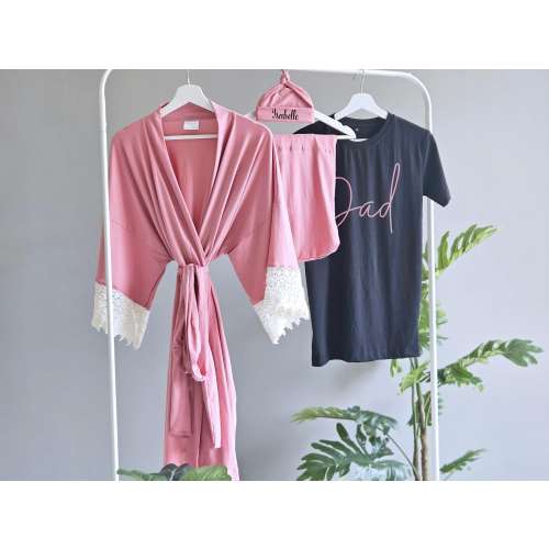 Onion Pink Maternity Robe Set: Matching Blanket, Personalized Hat & Dad Shirt