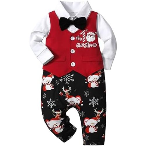 AGAPENG Baby Boy Christmas Outfit My First Christmas Gentleman Onesie Long Sleeve Romper Jumpsuit Vest with Bow Tie