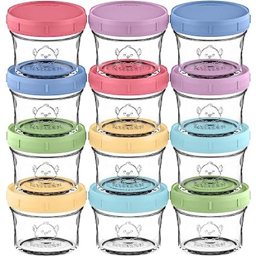 KeaBabies 12pk 4oz Glass Baby Food Containers with Lids - Leak-Proof, Microwavable Small Glass Jars, Baby Purees & Toddler Snack Storage Containers, BPA-Free, Dishwasher & Freezer Safe (Nord)