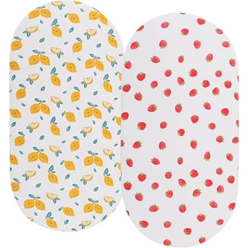 Bassinet Sheets Compatible with UPPAbaby Bassinet, 2 Pack Fitted Sheets, 100% Jersey Knit Cotton 190GSM, Ultra Soft Breathable, Lemon and Strawberry
