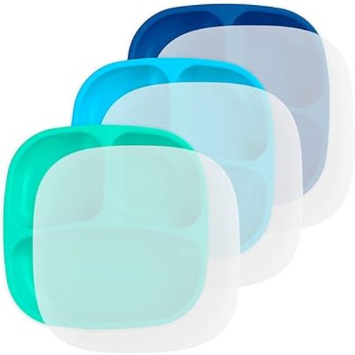 Re-Play Made in USA 7" Deep Walled Divided Plates for Kids, Set of 3 With 3 Lids - Reusable 3 Compartment Plates, Dishwasher and Microwave Safe - 7.37" x 7.37" x 1.25", A True Blue
