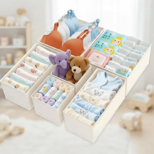 Foldable Fabric Drawer Organizer for Baby Clothes, Underwear, Socks, Bras & Accessories - 6 Pack Beige Closet Dividers for Nursery, Dresser & Wardrobe Storage