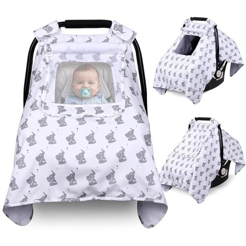 Car Seat Cover Baby, Carseat Covers Baby with 2 Layers Breathable Windows, Windproof Infant Car Seat Cover, Kick-Proof Baby Carrier Cover for Baby Boy Newborn Essentials