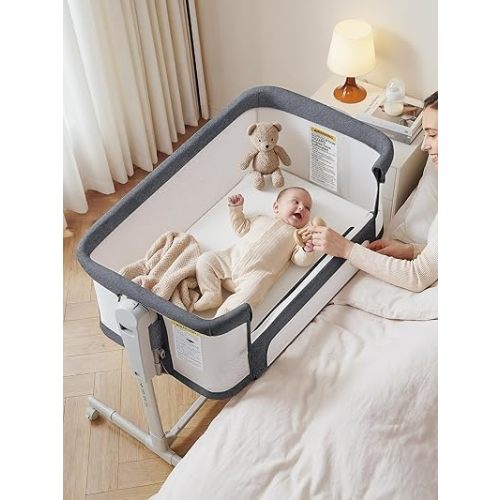 ONTHEWEI Baby Bassinet Bedside Sleeper 3-in-1, Easy Night Feeding with One-Side Fold & Rolling Wheels, Breathable Mesh, 6-Height Adjustable, Soft Mattress for Newborns