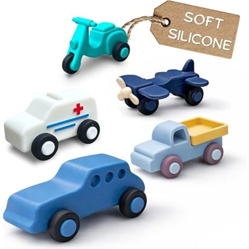 Silicone Toy Cars for Kids Ages 3+ – Soft, Safe Non-Toxic Silicone Cars with Smooth Rolling Wheels, Quiet Play, Push and Go Car Toys, Food Grade Silicone Toys, No Hole Bath Toy Mold Free, 5 Pack Set