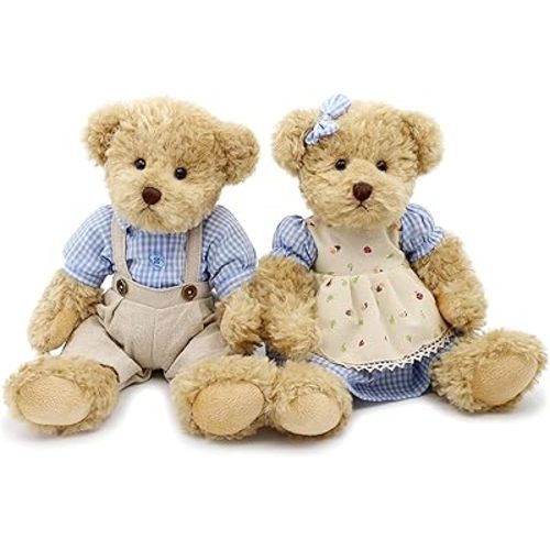 2-Pack Teddy Bear,Cute Stuffed Animal,Couple Gift Soft Plush Toy 11inch (Blue Plaid Clothes)