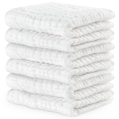 Comfy Cubs Muslin Baby Washcloths 6 Pack - Soft Large 10"x10" 6-Layer Absorbent Cotton - White