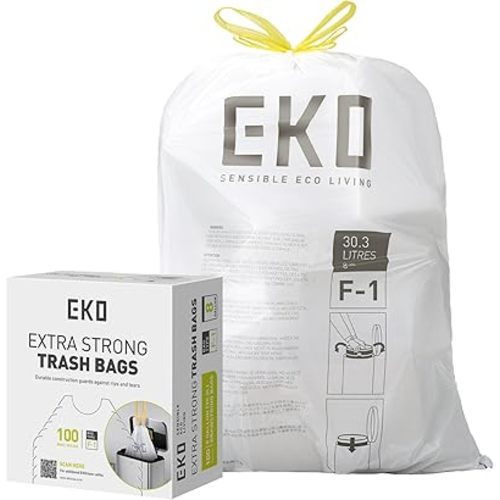 EKO 8 Gallon / 30.3 Liter,100 Count Drawstring Trash Bags, Extra-Strong Unscented Garbage Bags, Easy-Dispense Roll for Kitchen & Household Use, Resists Tears, Leaks and Punctures, Code F-1, White