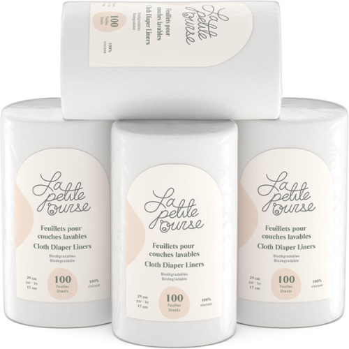 LA PETITE OURSE Cloth Diaper Liners – Canadian Disposable Diaper Liner Rolls – 400 Sheets (4 Rolls x 100) – Biodegradable, Fragrance-Free, Unscented, Chlorine-Free, 100% Viscose – 11.5 x 6.75 in
