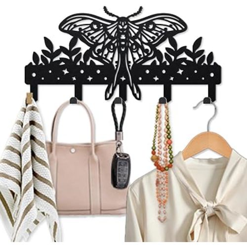 MAYJOYDIY Moth Insect Metal Key Hook Leaf Plant Butterfly Moth Coat Rack for Wall 9.8×4.7inch Star Dot Pattern Black Art Wall Decor Key Holder with 5 Hooks for Gift Kitchen Bathroom Home Decor