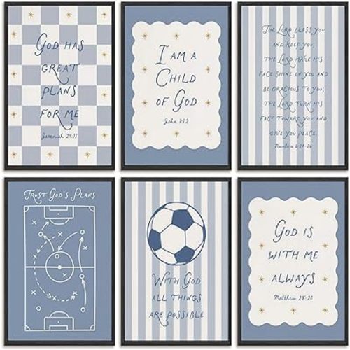 6pcs Blue Bible Verse Canvas Wall Art Christian Baby Education Posters Prints Paintings Children'S Bible Football Quote Wall Decor Pictures for Nursery Kids Bedroom Classroom Home Decoration Unframed