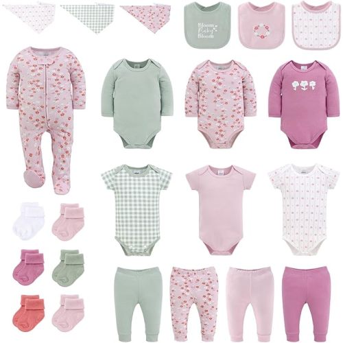 The Peanutshell 23-Piece Baby Girl Clothes Set, 100% Cotton, Newborn Essentials Must Haves, Flora Pink & Green