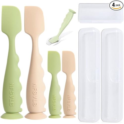 Diaper Cream Spatula with Case,2 Large 2 Mini Butt Paste Spatula with 3 Travel Case,Soft Baby Butt spatula Diaper Cream Applicator diaper Rash spatula Bum spatulas Brush (Green-White)