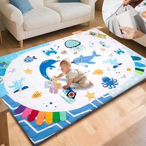 TINYHARBO Premium Foam Baby Play Mat 74x50, 4 Developmental Zones Play Mat with Removable & Machine Washable Cover, Extra Thick Padding Playpen Mat, Easy to Clean for Infants, Toddlers & Babies