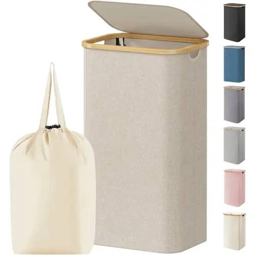 Lifewit 100L Laundry Basket with Lid, Clothes Hampers for Laundry with Bamboo Handles and 1 Removable Bag, Large Foldable Laundry Hamper for Bedroom, Bathroom, Dorm, Laundry Room, Beige