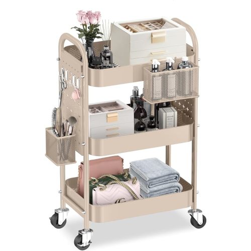 3 Tier Rolling Cart with DIY Pegboards Metal Utility Cart with Wheels Handles Baskets Hooks (Khaki)