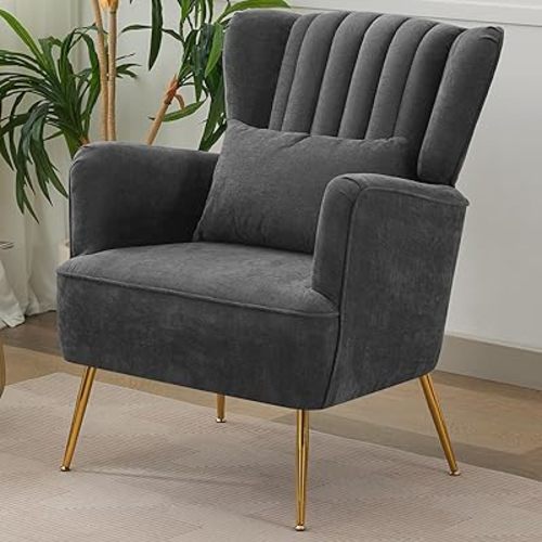 Living Room Chairs Chenille Accent Armchair with Lumbar Pillow&Gold Leg, 8.5" Thick Cushion, Mid Century Modern High Wingback Bedroom Chairs Upholstered Comfy Sofa Arm Chair, Grey