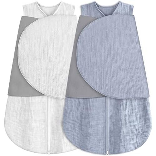 BSTOPPT Newborn Sleep Sack Baby Swaddle,100% Muslin Cotton,3-Way Adjustable Wearable Blanket,Swaddling Sleeping Bag (2, White & Light Gray, 0-3 Months)