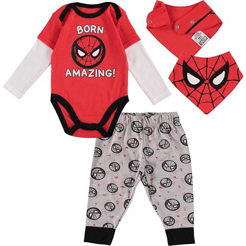 Spiderman Baby Boys Clothing 3-Piece Set with Bodysuit, Pants, and Bib - Marvel Avengers Baby Boy Outfit