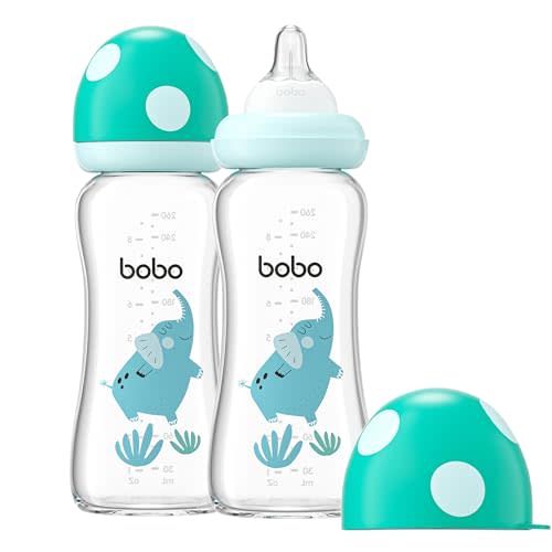 YOHKOH Natural Glass Baby Bottle with Level 2 Medium Flow Nipple, Newborn Anti-Colic Baby Bottles, Wide Neck Mushroom Baby Glass Bottle (8.8ounce (Pack of 2), Blue2)