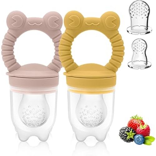 Baby Solids/Frozen Fruit Feeder Pacifier, Infant Teether Toy 4M+, BPA-Free Silicone Pouch & Nipple, Safely Introduce Solids, Teething Relief, 2-Pack - Pink/Yellow (Frog)