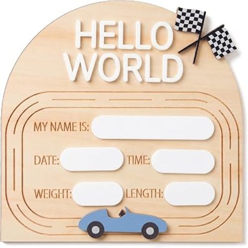 Hello World Baby Birth Stats Sign Wooden Keepsake with Pink Bow, Newborn Photo Prop, Nursery Decor, Baby Shower (Racing Car)