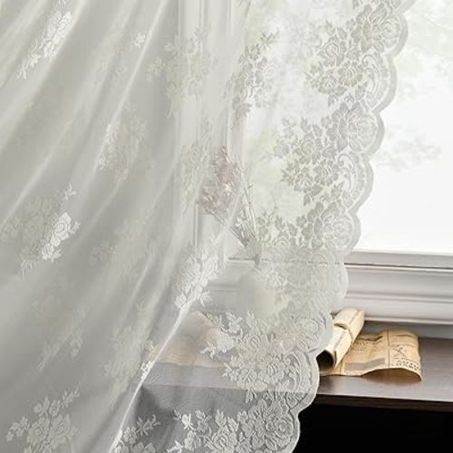 Kotile Lace Curtains 90 Inch Length for Living Room, Floral Sheer Lace Curtains 2 Panels, Rod Pocket Privacy Lace Window Curtains, 52 x 90 Inch, Ivory