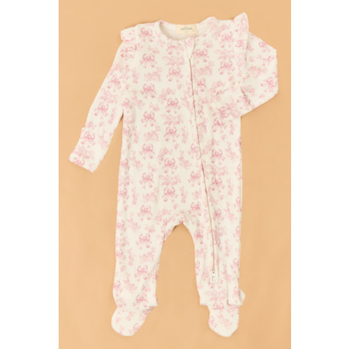 Bonnie Bows Toile Ruffle Footie in Pink | Tullabee