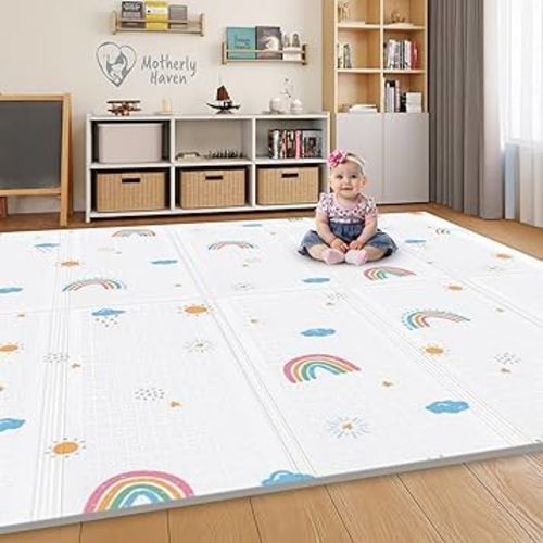 79x71 Foldable Baby Play Mat for Floor, Extra Large Reversible Foam Play Mat for Babies 6-12 Months, Waterproof Portable Foam PlayMat for Tummy Time for Toddler - Rainbow and Stars