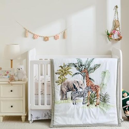 4-Piece Crib Bedding Set — Soft Breathable Comforter, 2 Snug Fit Elastic Crib Sheets & Dust Ruffle, Cozy Nursery Essentials for Boys & Girls, Durable Easy-Care Sleep Set, Wild Safari