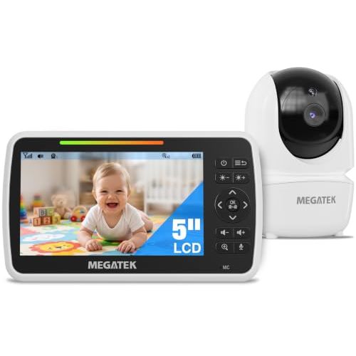 MEGATEK 5" Video Baby Monitor with Camera and Audio, No WiFi | Pan-Tilt-Zoom, 30-Hour Battery, 1000 ft Range, Night Vision, VOX, 2-Way Talk, 8 Lullabies, Temperature Alerts, Feeding Timer