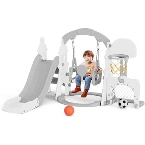 KORIMEFA 5 in 1 Toddler Swing and Slide Set for Kids Age 1-3 for Large Climber Slide Playset w/Basketball, Indoor Outdoor Toddler Swing Slide Set, Football Gate and Basketball Hoop (Gray)