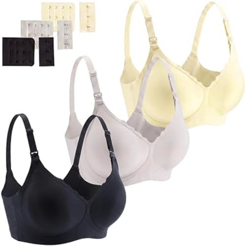 3 Pack Nursing Bra for Breastfeeding, Black, Light Gray, Apricot, L