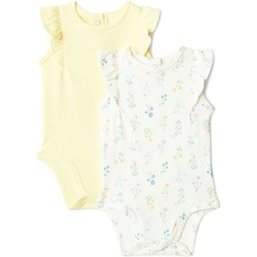 Amazon Essentials x Sofia Grainge Baby Girls' Cotton Ruffle Sleeve Bodysuit with Embroidered Detail, Pack of 2