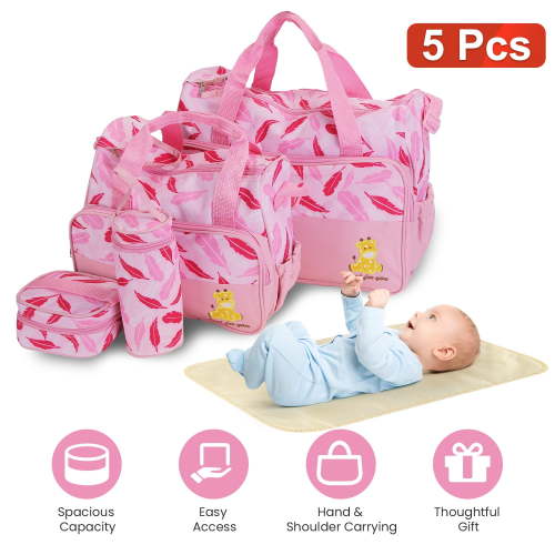 Moclever 5Pcs Baby Nappy Tote Bags Set for Mom Dad, Mummy Diaper Handbags with Diaper Pad Food Bag Bottle Bag Travel Tote Bags, Light Pink