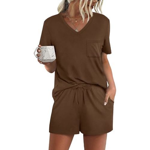 RUBZOOF Women's Short Sleeve Pajama Sets with Pockets Casual V Neck 2 Piece Lounge Sets S-3XL
