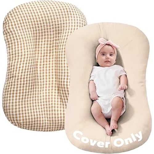 FUNUPUP Muslin Baby Lounger Cover Only Compatible with Snuggle Me Lounger, Infant Pillow Cover for Newborn, Removable Nest Slipcover for Boys and Girls, Only Cover, Beige and Plaid