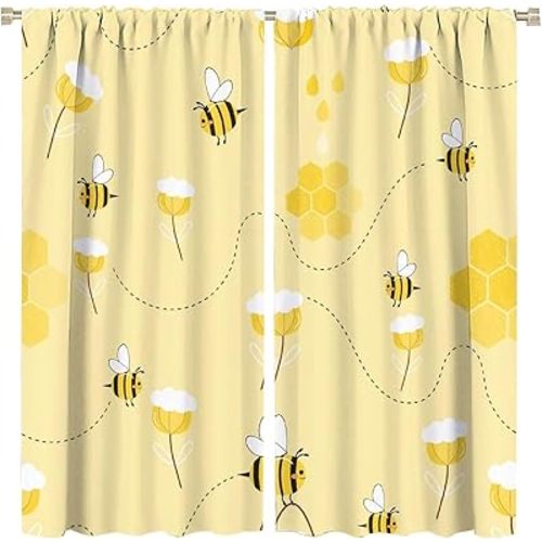 Bee Curtain Cute Bees Yellow Flower Honey Blackout Print Rod Pocket Window Drapes for Bedroom Living Room 42x45in