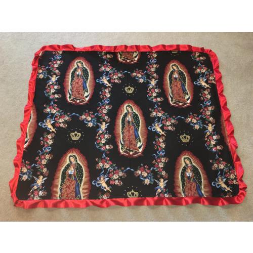 Virgin of Guadalupe punk rock tattoo boutique baby blanket with satin ruffle by Saari Design