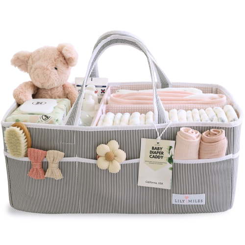 Lily Miles Baby Diaper Caddy Organizer with Removable Dividers, Extra Large Portable Nursery Storage Basket, Baby Shower Gift for Newborn Girls, Gray/Pink