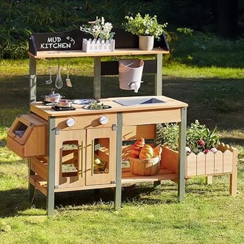 ROBOTIME Mud Kitchen for Kids Outdoor, Wood Outdoor Kitchen with Insect Observation Box & Planter Box, Toddler Play Kitchen with Removable Sink & Faucet, Pretend Outdoor Playset for Garden Fun