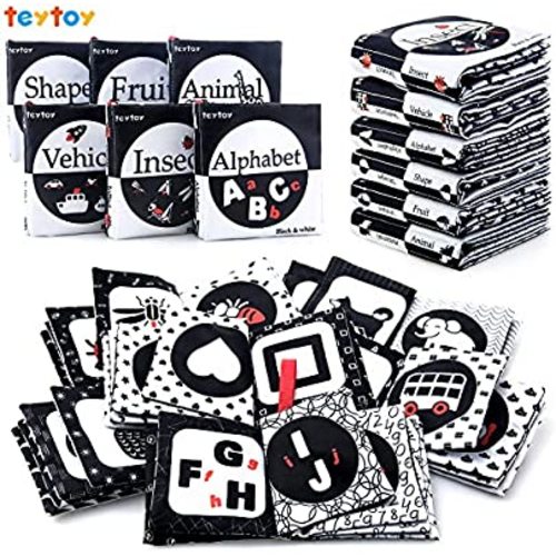 teytoy My First Soft Book, 6 PCS Nontoxic Fabric Baby Cloth Activity Crinkle Soft Black and White Books for Infants Boys and Girls Early Educational Toys Perfect for Baby Shower
